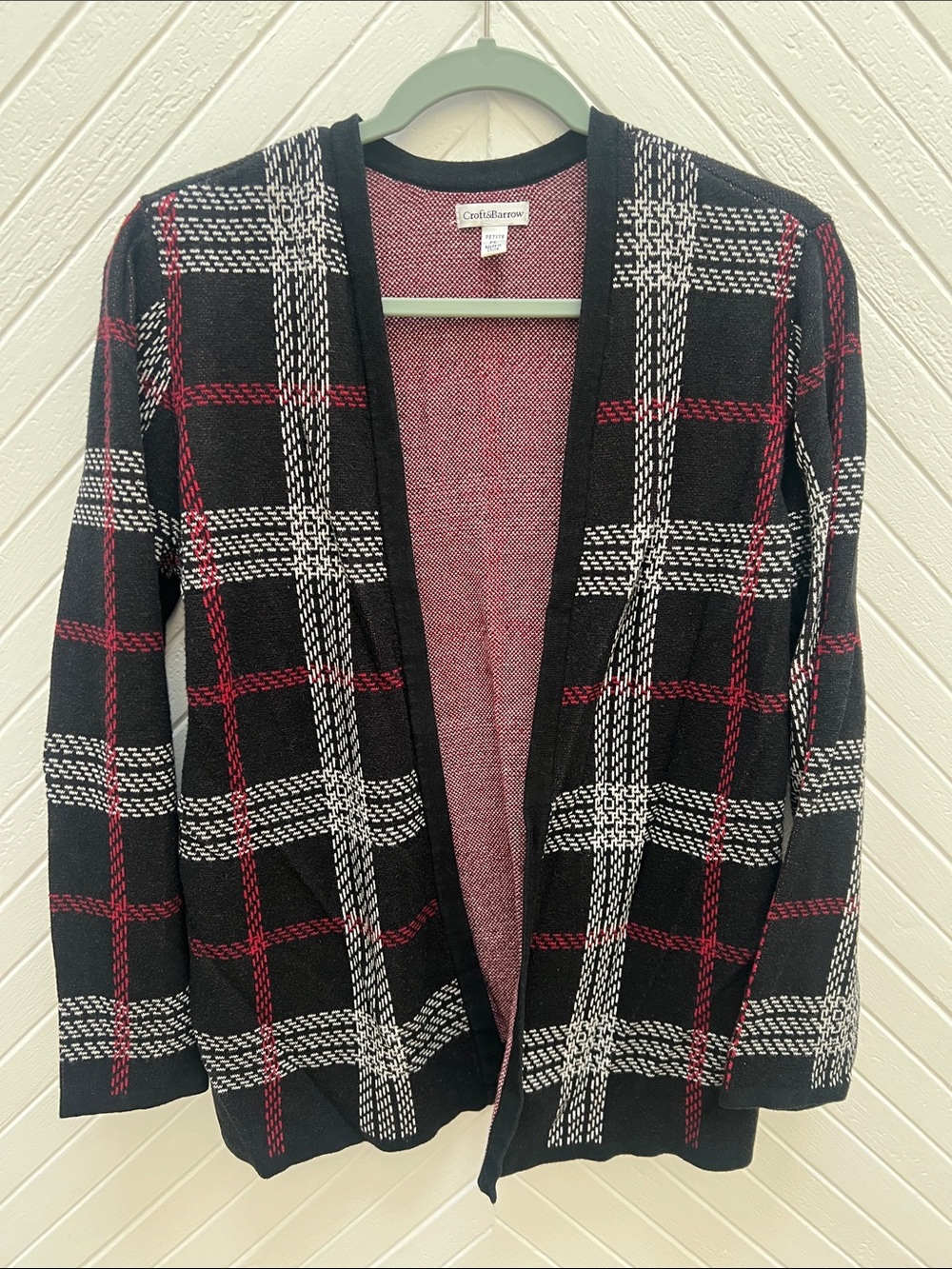 croft & barrow Black Red White Plaid Open-Front Cardigan